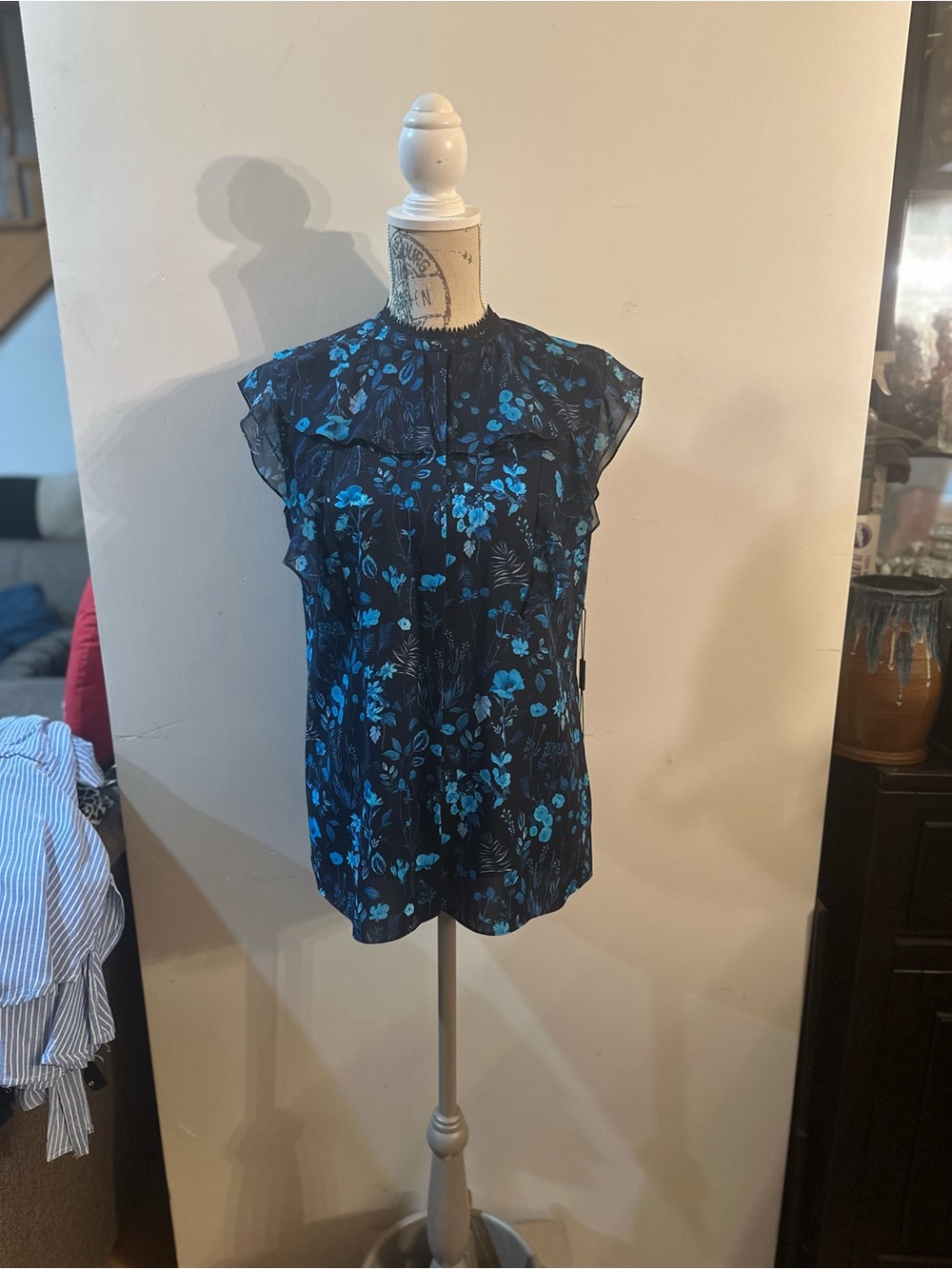 Elie Tahari Black Blouse with Blue Floral Ruffle Yoke